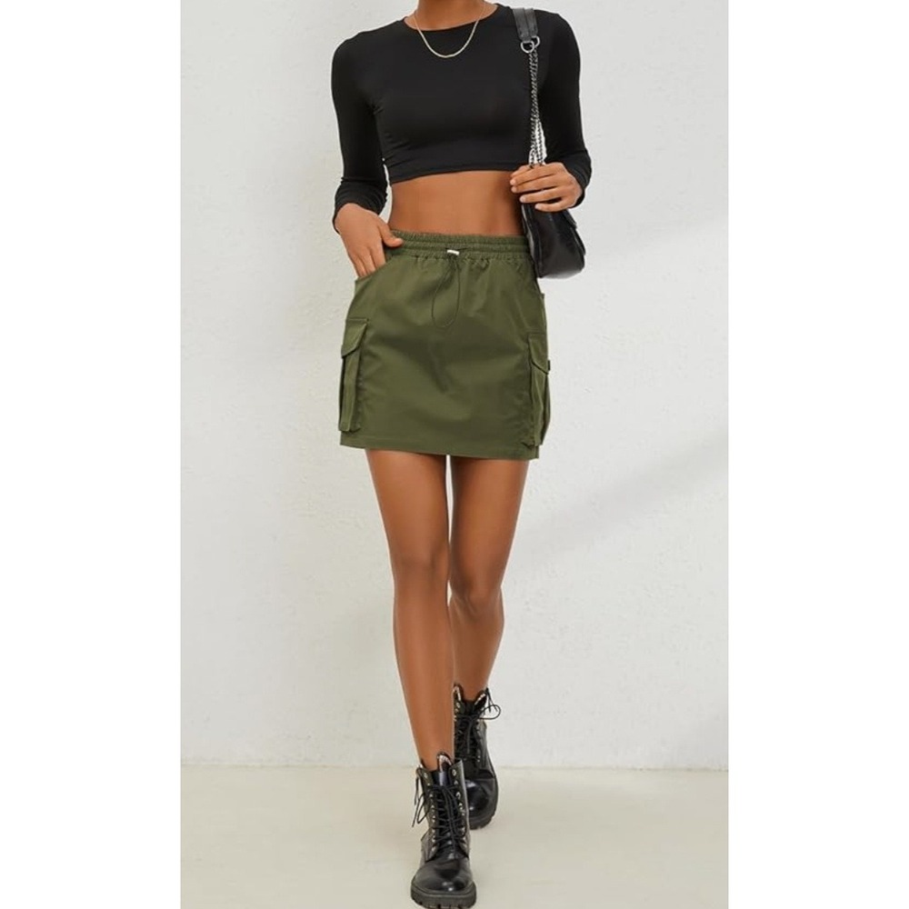 Mini Cargo‎ Skirt Elastic Waist Drawstring Pockets Olive Green Sz XL Y2K Grunge